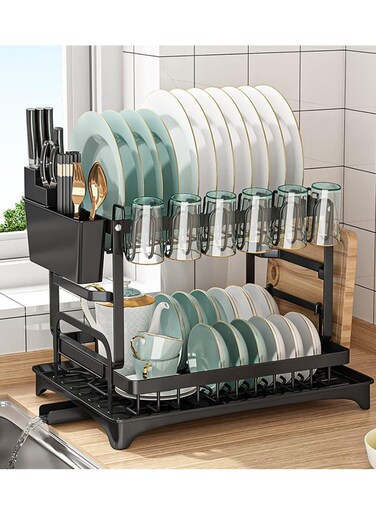 Dish Drying Rack, 2 Tier Dish Rack, Dish Strainers for Kitchen Counter, Dish Drainer, Dish Rack with Drainboard, Large Dish Drying Rack, Collapsible Dish Rack and Drainboard Set
