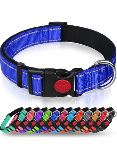 Taglory Reflective Nylon Dog Collar with Safety Buckle, Adjustable Pet Collars with Soft Neoprene Padding for Medium Dogs, Navy Blue