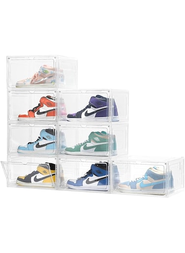 Attelite 8 Pack Shoe Boxes Clear Plastic Stackable, Upgrade Large Shoe Storage Organizer Containers with Magnetic Door for Display Sneaker, Easy Assembly