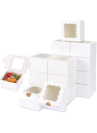 Joyzzz Bakery Boxes, 30 Pack 10.2x10.2x6.7cm of Bakery Boxes with Window, Mini Cake Boxes, Paperboard Treat Boxes for Cookies, Small Treat Boxes for Cookies, Pastry, Cookies, Macarons (White)