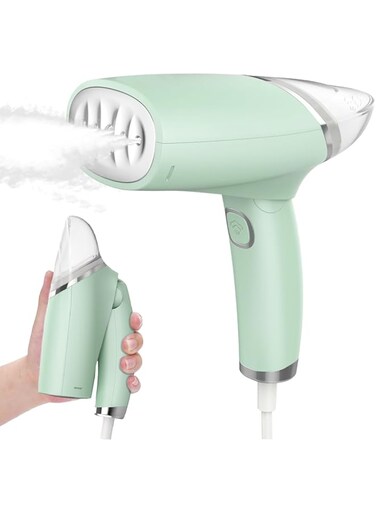 KASTWAVE Steamer for Clothes, Foldable Handheld Steamer, Fabric Wrinkle Remover with Brush &amp; Measure Cup Lightweight Fabric Steam Iron for Home and Travel, Green