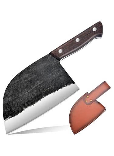 Astylway Serbian Chefs knife 6.7 Inch Full Tang,Forging Kitchen Knives,Wood Handle Set with Leather Sheath Chef Butcher Knife Outdoor Meat Vegetable Cleaver for Family, BBQ or Camping