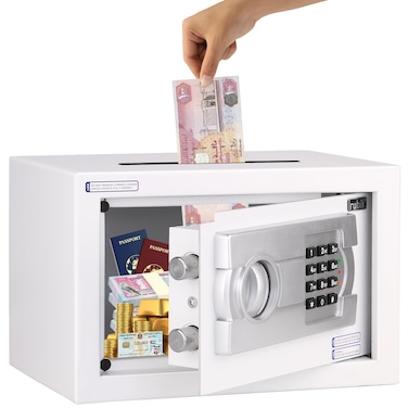 Rubik Cash Drop-in Slot Safe Box Digital Locker with Key for Easy Cash Insert for Shop Business Office Home (20x31x20cm) White