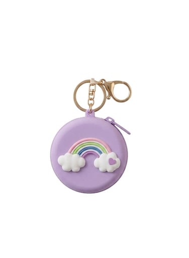 MOBCOS Mini Pouch Keychain &ndash; Cute Round Zipper Coin Purse &amp; Multipurpose Mini Storage Bag with Keyring for Coins, Cash, Keys and Small Essentials   Purple Rainbow