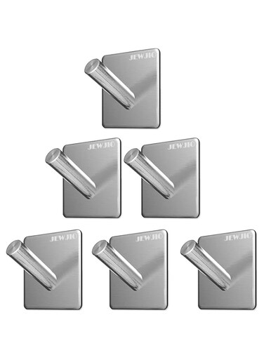 JEWJIO Wall Hooks, Heavy Duty Stainless Steel Adhesive Hangers, Nail-Free Hooks for Towel, Clothes, Calendar, Kitchen, Bathroom, Closet, Ceiling, Door - Pack of 6