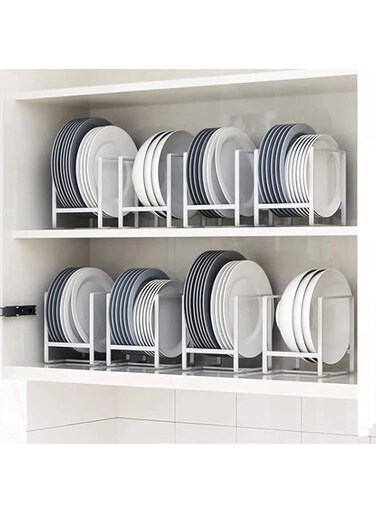 EZYLIFE 2pcs Kitchen Space Saver Dish Rack, Plate Holder, Dish Drainer, Drying Stand for Cabinet Shelf Organiser Counter Top Storage for the use of Plates Pan-Pot Lids Cutting Board - White Small(W+N)