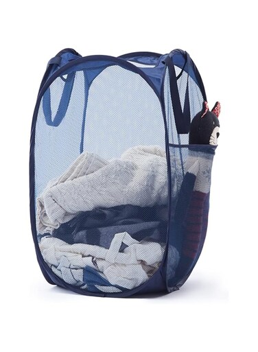 TECHMILLY Collapsible Mesh Pop Up Laundry Hamper with Sturdy Handles and Side Pocket - Portable Foldable Clothes Baskets for Dorm, Bathroom &amp; Travel Storage(Blue)