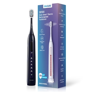 ORACURA&reg; Sonic Plus Electric Rechargeable Toothbrush SB300 (Black), 48,000 strokes/min, 3 Modes, 2 Brush Heads (Cleaning &amp; Sensitive) &amp; Rechargeable lasts upto 2 months (Black)