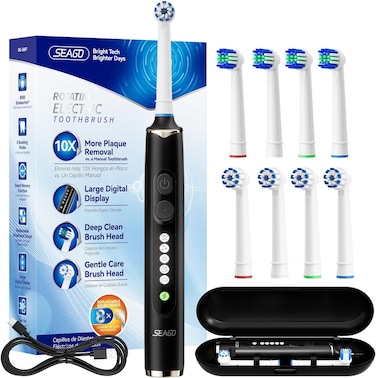 Seago Rotating Electric Toothbrush for Adults with 8 Brush Heads, 5 Cleaning Modes, Rechargeable Sonic Toothbrush with Timer and Travel Case for Adults and Kids(SG-2607-Black）