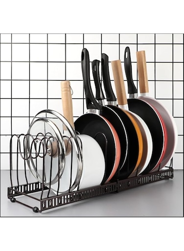 Spark It Home Pot &amp; Pan Organizers Rack Expandable Pot Lid Organizer Holder with 10 Adjustable Compartment Cookware Plate Rack For Kitchen Cabinet (Black)