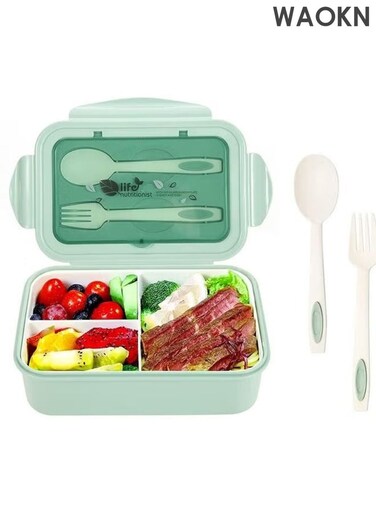 Bento Box Lunch Boxes Container Bundle Divider Japanese Style with Spoon and Fork, Translucent Box, Microwave Safe Heated lunch box for elementary school students and office workers,Food grade safe material, sealed and fresh.