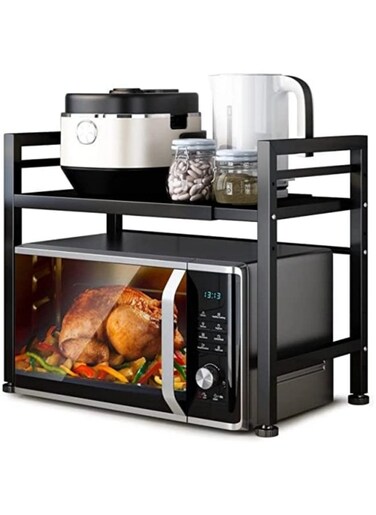 Extendable Microwave Oven Rack,Microwave/Toaster Shelf Heavy Duty Stand Kitchen Counter Top Organizer,Adjustable Height &amp; Length,1-Tier with 6 Hooks, 55lbs Weight Capacity