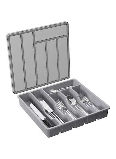 Silverware Organizer with Lid, Covered Utensil Tray for Kitchen Drawer and Countertop, Plastic Cutlery and Flatware Storage Box for Spoons, Forks, Knives, 6 Compartments (Grey)