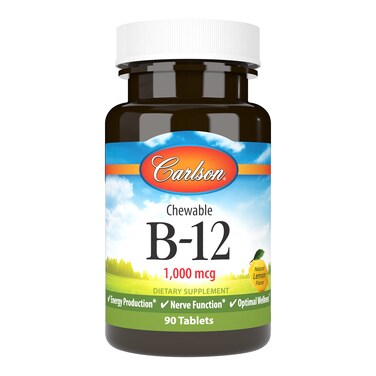Carlson - Chewable B-12, 1000mcg, Energy Production &amp; Nerve Function, Optimal Wellness, Lemon, 90 Tablets