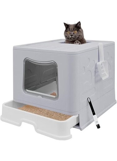 Foldable Cat Litter Box Lid, Drawer Type Cat Litter Tray, Giant Enclosed Cat Potty, Splash-Proof Cat Toilet, Gray