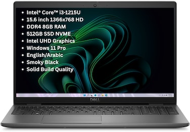 Dell Latitude 3540 Laptop &ndash; 12th Gen  Intel Core i3-1215U  15.6inch HD  512GB SSD  8GB RAM  Shared Intel UHD Graphics  Win 11 Pro  Eng/Arabic Keyboard  Smoky Black  Solid Build Quality