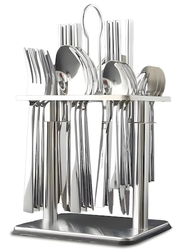Stainless Steel Cutlery Set, 24-Piece Tableware with Space-Saving Stand, 6-Person Flatware Set Includes Steak Knives &amp; Spoons, Dishwasher Safe for Home, Kitchen &amp; Restaurants