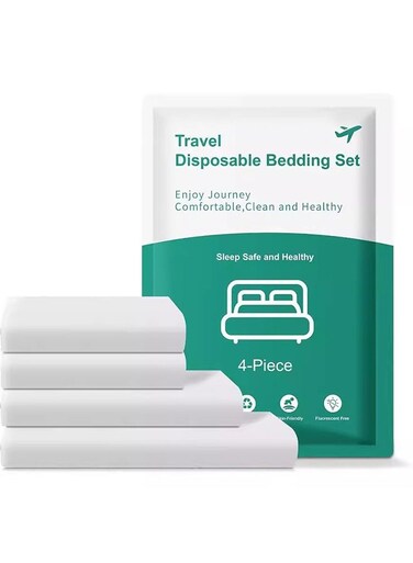 Pack (4 PCS) Disposable Bed Sheets for Travel Set with Quilt Cover &amp; Pillowcases - Compatible with Most Hotel Beds - Travel Accessories Travel Essentials for Hotel, Cruise &amp; More