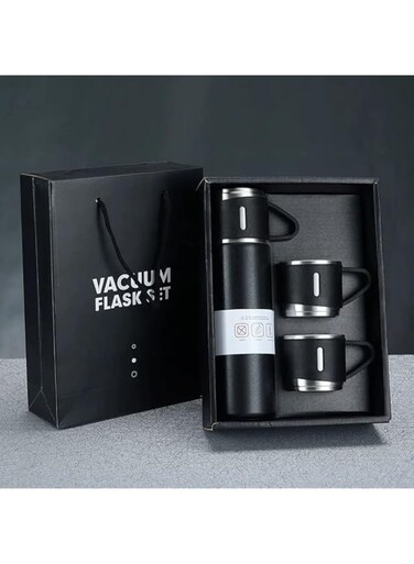 500Ml Hot And Cold Double Wall Stainless Steel Insulated Sport Vacuum Flask Tea Gift Box Set With Two Cups (Black)
