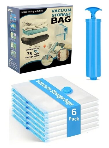 Vacuum Storage Bags (2Jumbo + 2Large + 2Small + 1Pump) Reusable Compression Bags for Clothes Blankets Duvets Pillows 75% Space Saving Wardrobe Travel Storage