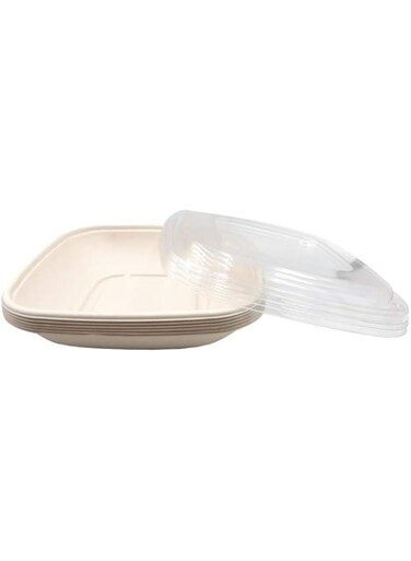 SNH ECO Friendly Bagasse Rectangular Beige Bowls 32 Oz With Lid - Restaurant Carryout Lunch Meal Takeout Storage Food Service - 25 Pieces.