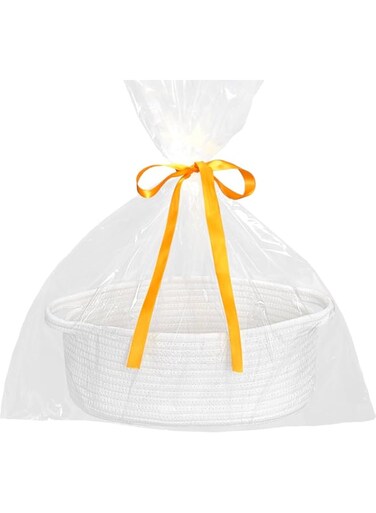 ABenkle Small Woven Easter Basket with Handle, 12x8x5 inches, Durable Decorative Gift Basket Nursery Storage Organizer for Baby Showers Holidays, Gift Wrap Ready with Ribbon, White