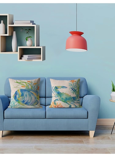 Coastal Throw Pillow Covers, Set of 4, 18x18 Inch Ocean Beach Pillows Cover with Sea Turtle, Seahorse, Fish, Crab Designs, Summer Theme Decor for Patio, Couch, Sofa