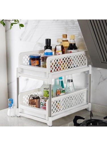 ECVV Under Sink Organizers and Storage, 2 Tier Sliding Shelves for Kitchen Bathroom Countertop, Under Cabinet Organizers with Pull Out Drawers White