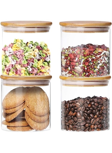 AKDC Set of 4 Round Glass Jar with Bamboo Lid, Kitchen Food Storage Containers Airtight Lids Cereals Canisters Jars for Pasta Spaghetti Tea Coffee Beans Candy Cookies Snacks (Mini - 500ML)