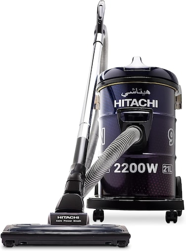 Hitachi Drum Vacuum Cleaner 2200 Watts, 21L Tank Dust Capacity, Aero Power Brush To Clean Efficiently, Metal Pipe, Dusting Brush &amp; Crevice Nozzle, Washable Filter, Best For Home &amp; Office, CV965NBLGCM