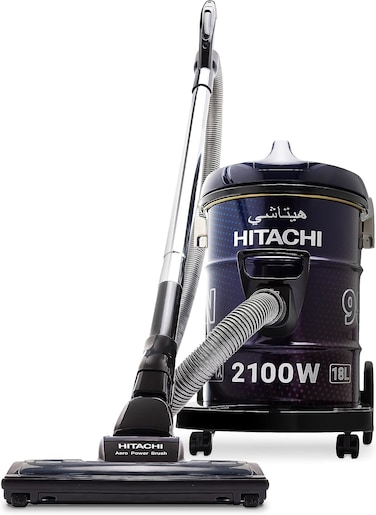Hitachi Drum Vacuum Cleaner 2100 Watts, 18L Tank Dust Capacity, Aero Power Brush To Clean Efficiently, Metal Pipe, Dusting Brush &amp; Crevice Nozzle, Washable Filter, Best For Home &amp; Office, CV955NBLGCM