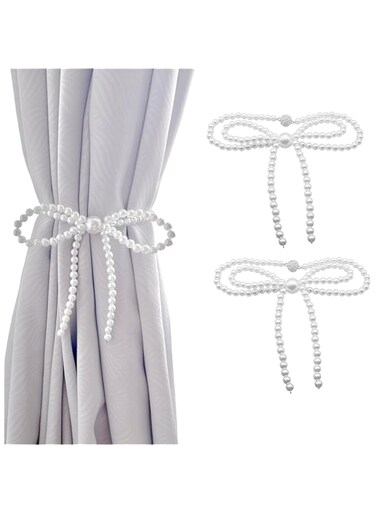 ChicAbode Magnetic Tiebacks for Curtains, 2 Pack Bow Pearl Curtain tiebacks Curtain Buckle Clips with High-Elastic Spring Wire,Curtain Holders for Wall,Drapery tiebacks,Curtain Ties (2pcs Bow)