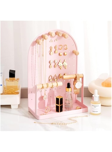 ProCase Cute Jewelry Organizer Stand Earring Holder Organizer for Dorm, Aesthetic Necklace Stand with 6 Removable Wood Hooks, Small Jewelry Display Rack with Bottom Tray for Bracelets Rings -Pink