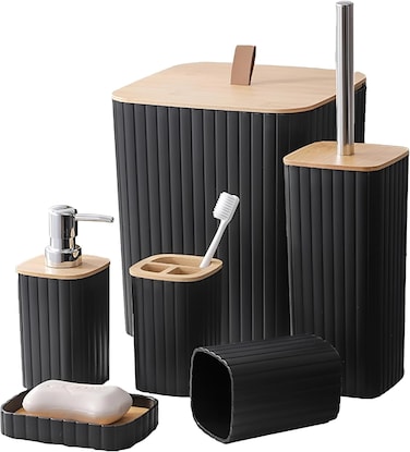 Bathroom Accessories Set 6 Piece Bath Ensemble Includes Soap Dispenser, Toothbrush Holder, Toothbrush Cup, Soap Dish for Decorative Countertop and Housewarming Gift (Black Square)