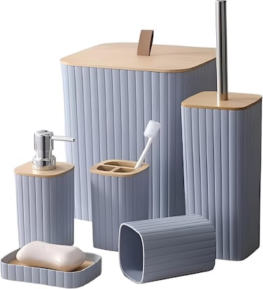 Bathroom Accessories Set 6 Piece Bath Ensemble Includes Soap Dispenser, Toothbrush Holder, Toothbrush Cup, Soap Dish for Decorative Countertop and Housewarming Gift (Grey Square)