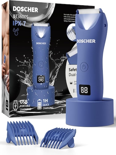 DOSCHER Electric Body Trimmer for Men, Waterproof Rechargeable Body Shaver, Safe Grooming Trimmer Wet/Dry Use, Men&rsquo;s Grooming, 60 Minutes Use