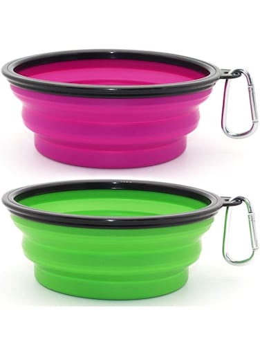 SLSON Dog Bowl Pet Collapsible Bowls, 2 Pack Collapsible Dog Water Bowls for Cats Dogs, Portable Pet Feeding Watering Dish for Walking Parking Traveling with 2 Carabiners (Large, Green+Purple)