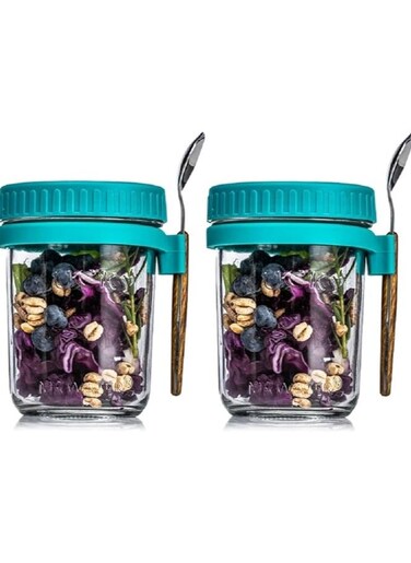 Overnight Oats Jars with Lid and Spoon, 2PCS 350ml Large Capacity Airtight Oatmeal Container with Measurement Marks, Wide Mouth Portable Jars Breakfast Container for Salads Yogurt Cereal Milk