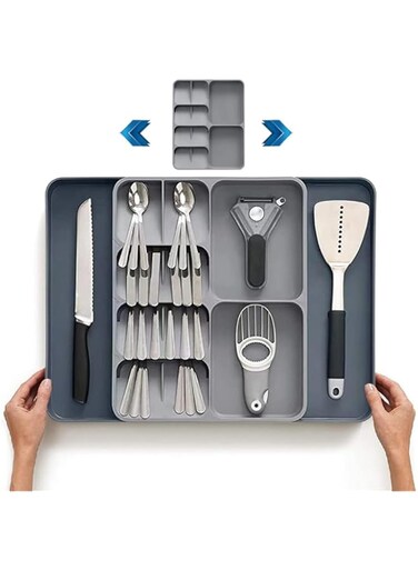 AMERTEER Expandable Kitchen Drawer Organizer Tray - Expandable Silverware Organizer Utensil Holder, BPA-Free Plastic Cutlery Holder For Silverware, Adjustable Storage Solution Gadgets -12 Compartments