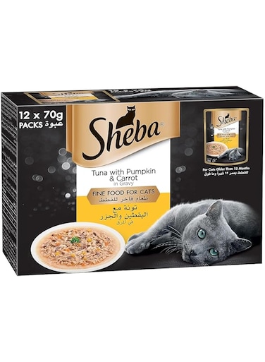 Sheba Premium Loaf Tuna with Pumpkin And Carrot, Cat Food, Essential Vitamins and Minerals, this Sheba Wet Food is Made with Loaf Formula for Easier Chewing Even for Sensitive Cats, Pack of 12x70g
