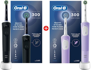 Oral B Vitality 300 Rechargeable Toothbrush with CrossAction Brush Head 1+1 Bundle, 3 Cleaning Modes &amp; 2 Minutes Built-in Timer D103.413.3 Black &amp; Lilac