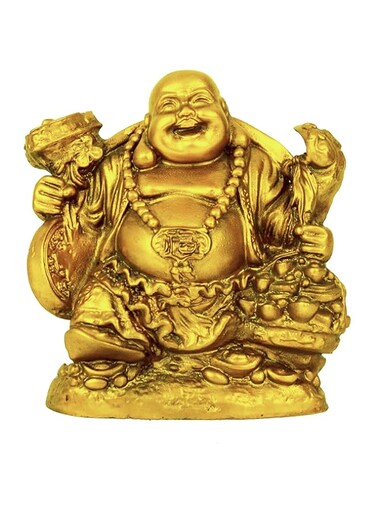 TIED RIBBONS Gold Plated Laughing Buddha on Chair with Ingot and Money Coin Statue Showpiece for Health, Wealth and Happiness(7 cm X 6 cm X 6 cm, Multicolour)