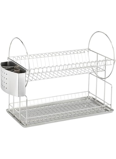 WENKO Exclusive Duo Dish Rack, Stainless Steel, Dishware Drainer &amp; Dryer, Home Kitchen Accessory, Ideal Size for Sink, 21x33x49cm, Silver Matt