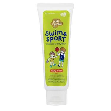 Just Gentle Swim &amp; Sport Shampoo and Body Wash - Fruity Fresh, Washes Away Chlorine, Salt, Sweat &amp; Odor, Enriched with Argan Oil, Jojoba Oil, Shea Butter &amp; Aloe Vera, 180ml