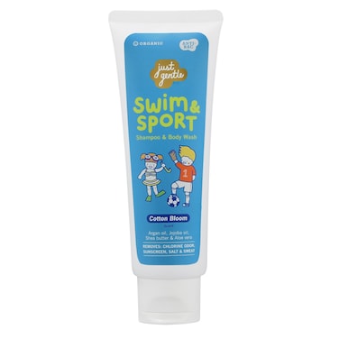 Just Gentle Swim &amp; Sport Shampoo and Body Wash - Cotton Bloom, Washes Away Chlorine, Salt, Sweat &amp; Odor, Enriched with Argan Oil, Jojoba Oil, Shea Butter &amp; Aloe Vera, 180ml