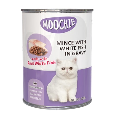 Moochie Mince With White Fish In Gravy Cat Wet Food Can 400g  Pack of 12
