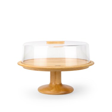 Billi Rubberwood Cake Dome with Glass Lid, 32.5cm Large Cake Stand, Wooden Dessert Display Stand, Round Cake Holder for Bakery, Parties, Kitchen &amp; Serving