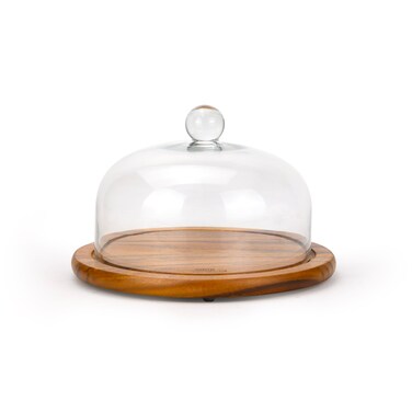 Billi Acacia Cake Dome with Glass Lid, 29.5cm Wooden Cake Stand, Dessert &amp; Pastry Display Stand, Round Serving Platter for Cakes, Bakery, Parties &amp; Kitchen Use