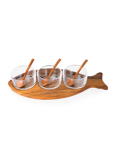 Billi Fish-Shaped Acacia Wood Condiment Set &ndash; Includes 3 Glass Bowls and 3 Wooden Spoons, W18.5 x L40.5 x H6.2 cm &ndash; Stylish Acacia Wood Serving Tray for Sauces, Spices, and Snacks