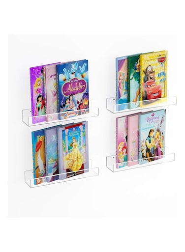 NIUBEE Acrylic Wall Shelf 15in 4pcs, Floating Kids Bookshelf Wall Mount, Clear Shelves Storage for Bathroom, Living Room, Bedroom, Great for Books,Toiletries, Cosmetics and Artwork.